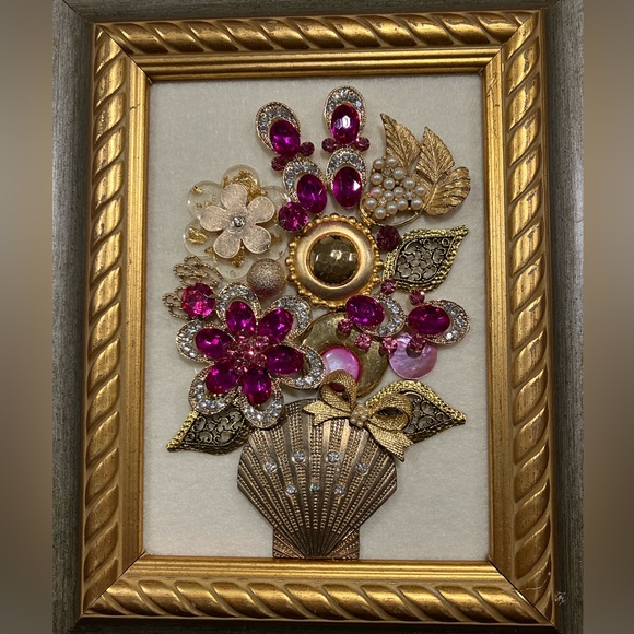 FRAMED JEWELRY ART COLLAGE HANDMADE UNIQUE OOAK GIFT π IDEA. BRIGHT GOLD FRAME - Picture 12 of 13